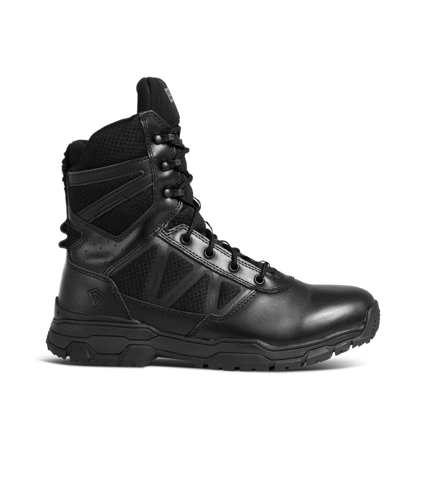 Black tactical boot on a white background