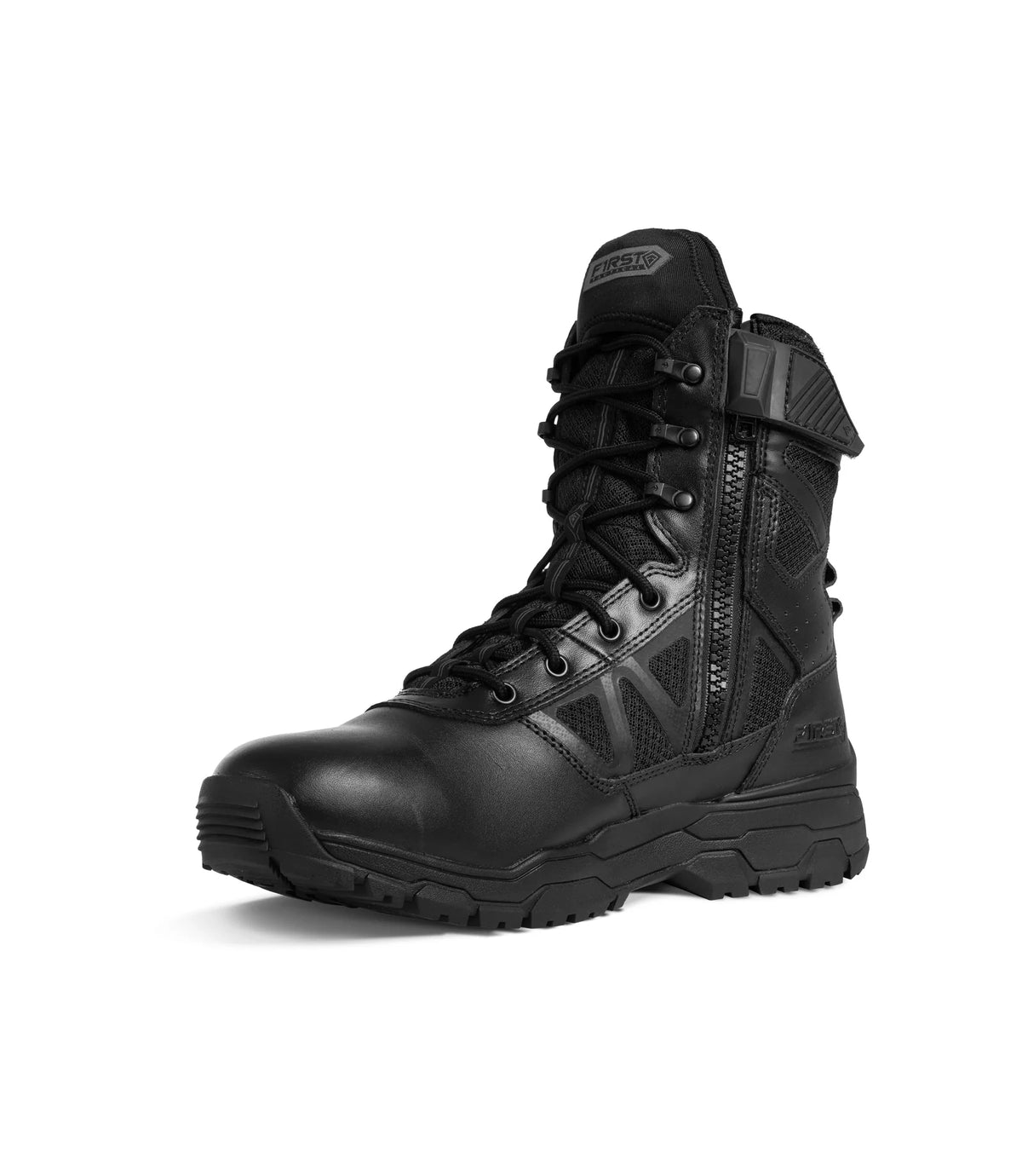 Black tactical boot on a white background