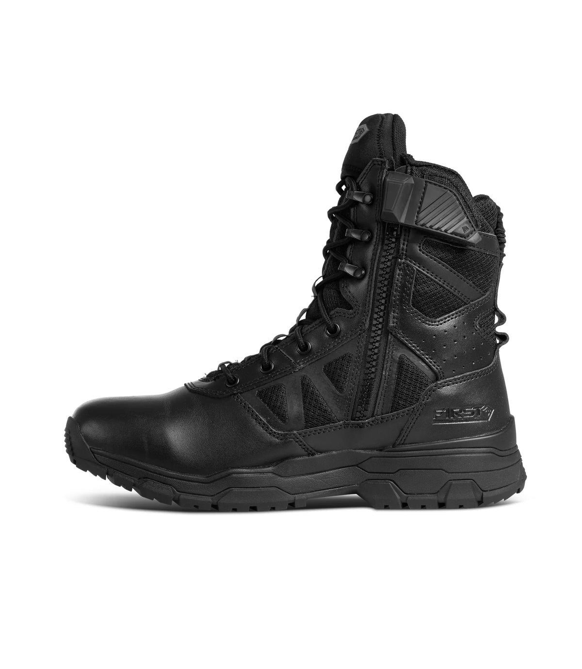 Black tactical boot on a white background