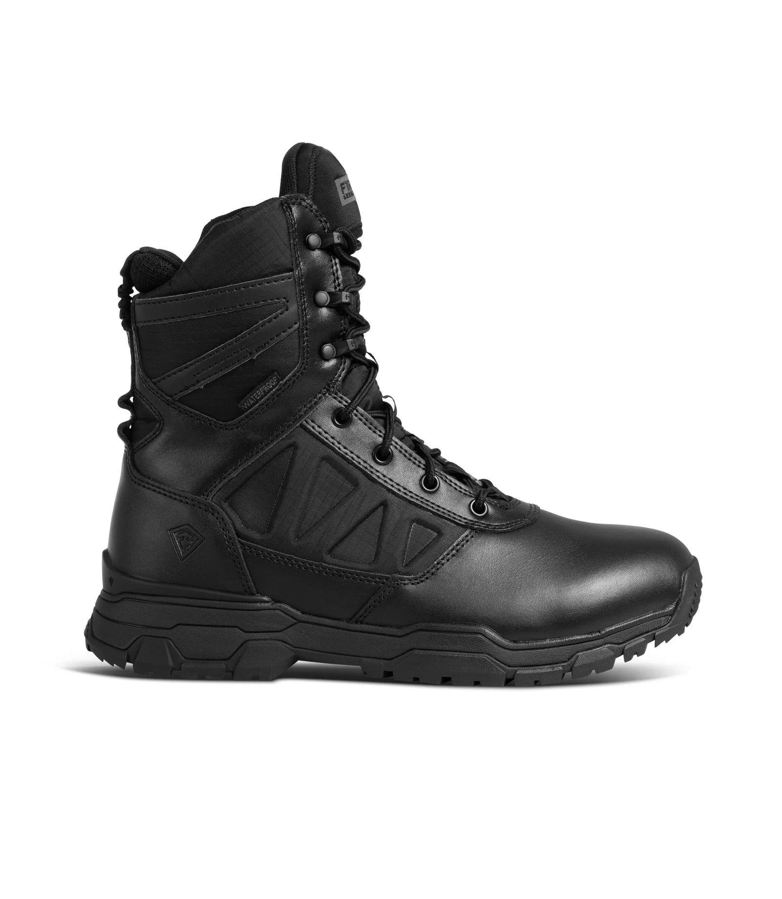 Black tactical boot on a white background