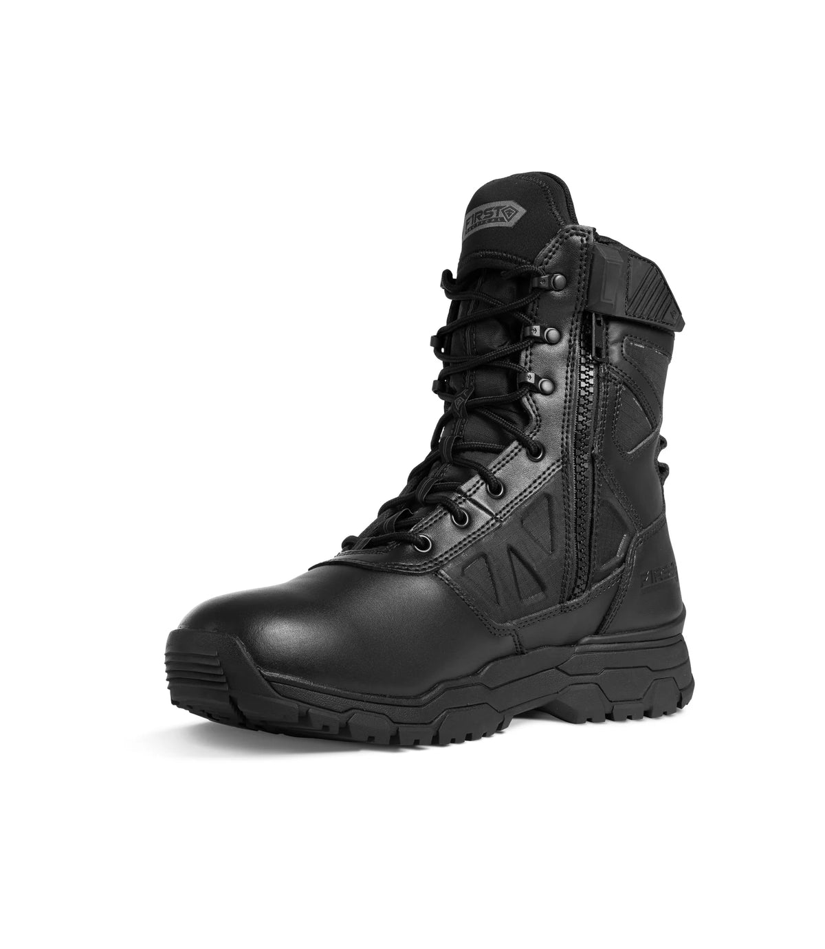 Black tactical boot on a white background