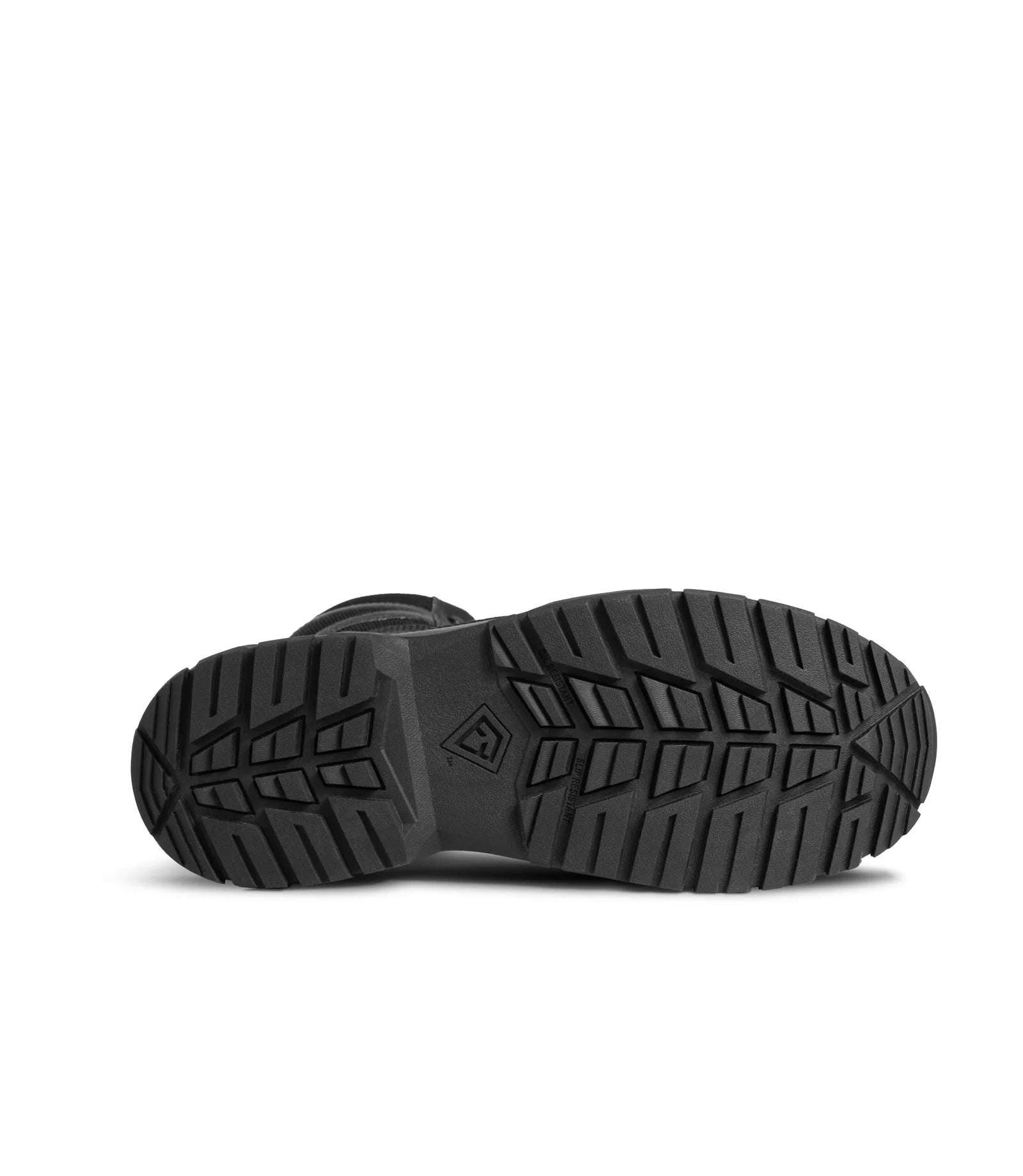 Black shoe sole with tread pattern on a white background