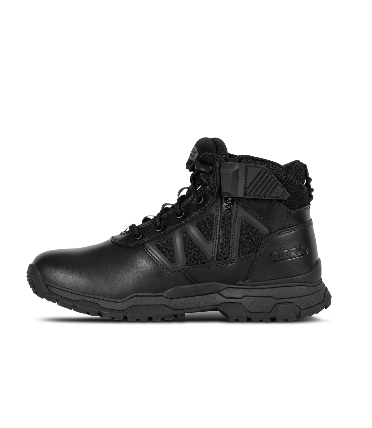 Black high-top sneaker with a brand logo on a white background