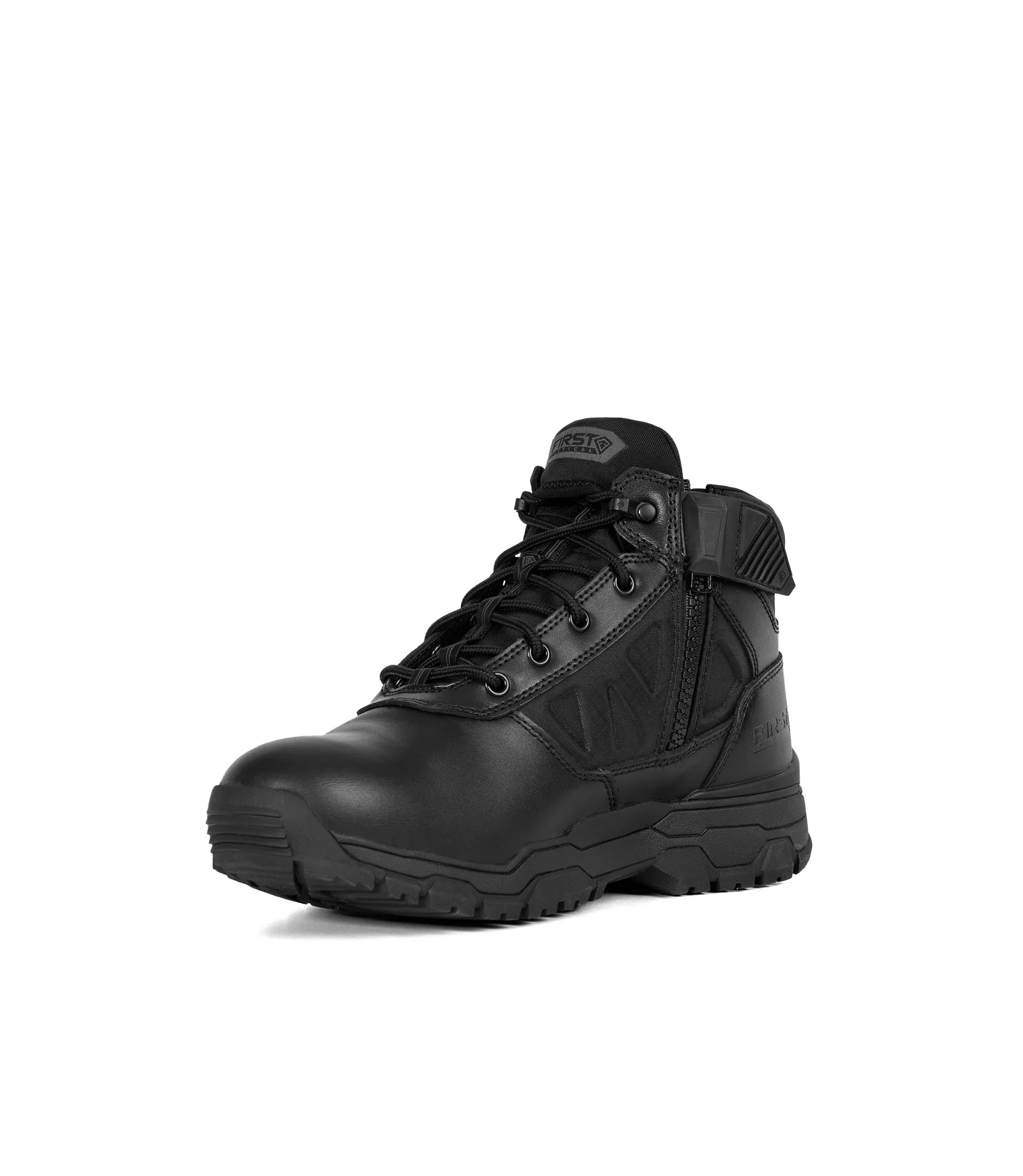 Black tactical boot on a white background