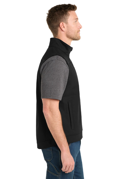 Man wearing a black and gray sleeveless vest on a white background