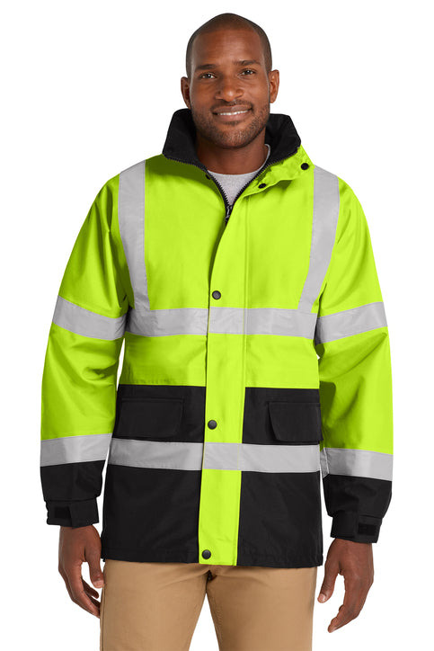 Man wearing a high-visibility safety jacket with reflective stripes on a white background