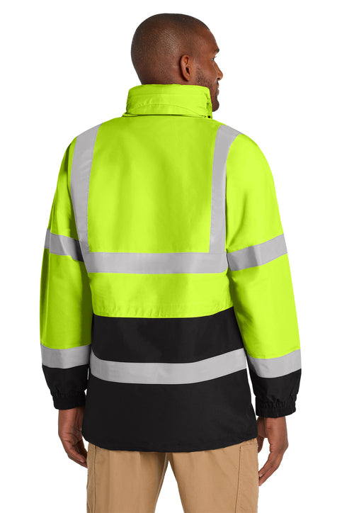 Person wearing a high-visibility safety jacket with reflective stripes on a white background