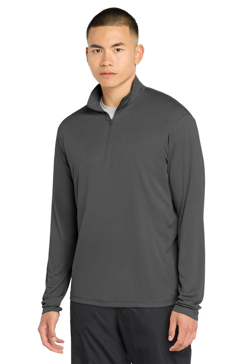 Man wearing a gray long-sleeve pullover with a quarter-zip on a white background