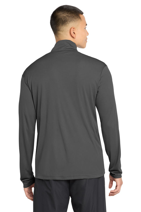 Person wearing a gray long-sleeve shirt on a white background