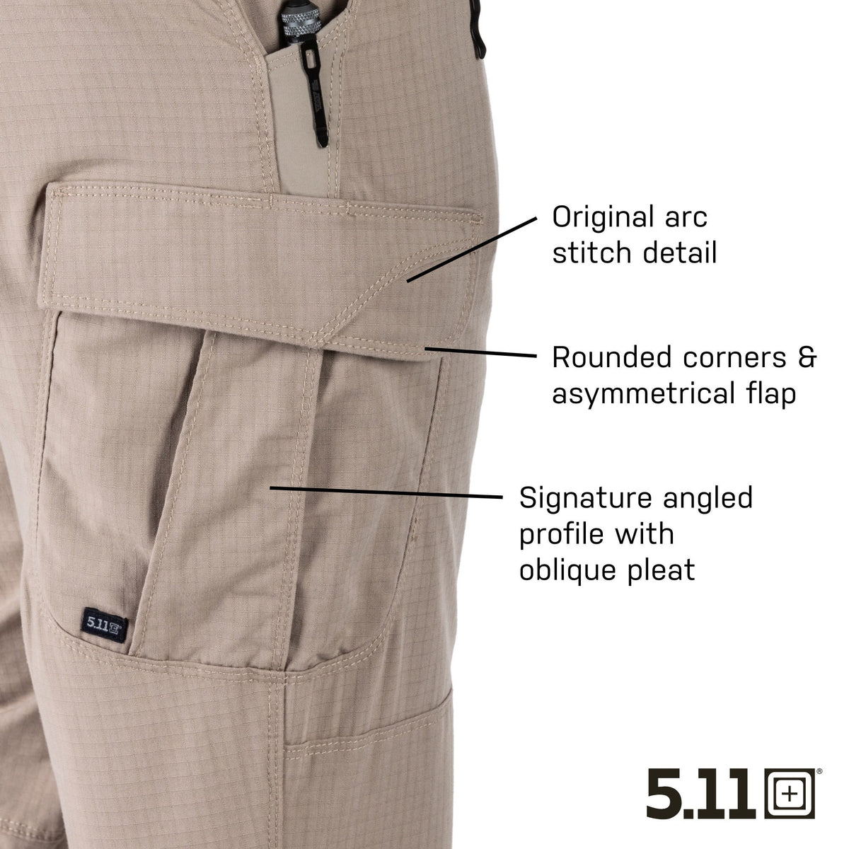 Beige pants with text labels detailing design features, featuring the 5.11 brand.