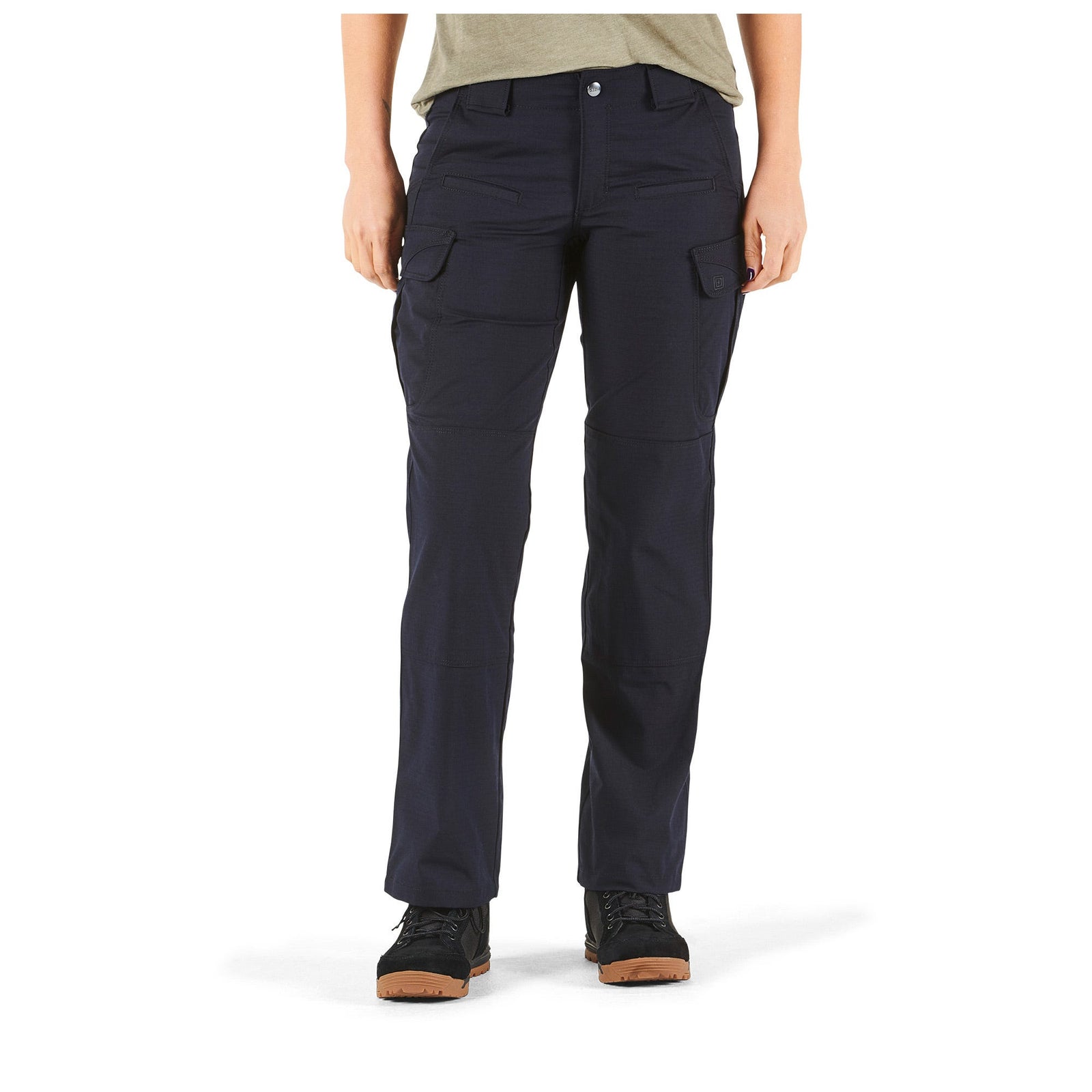 Person wearing dark blue pants on a white background