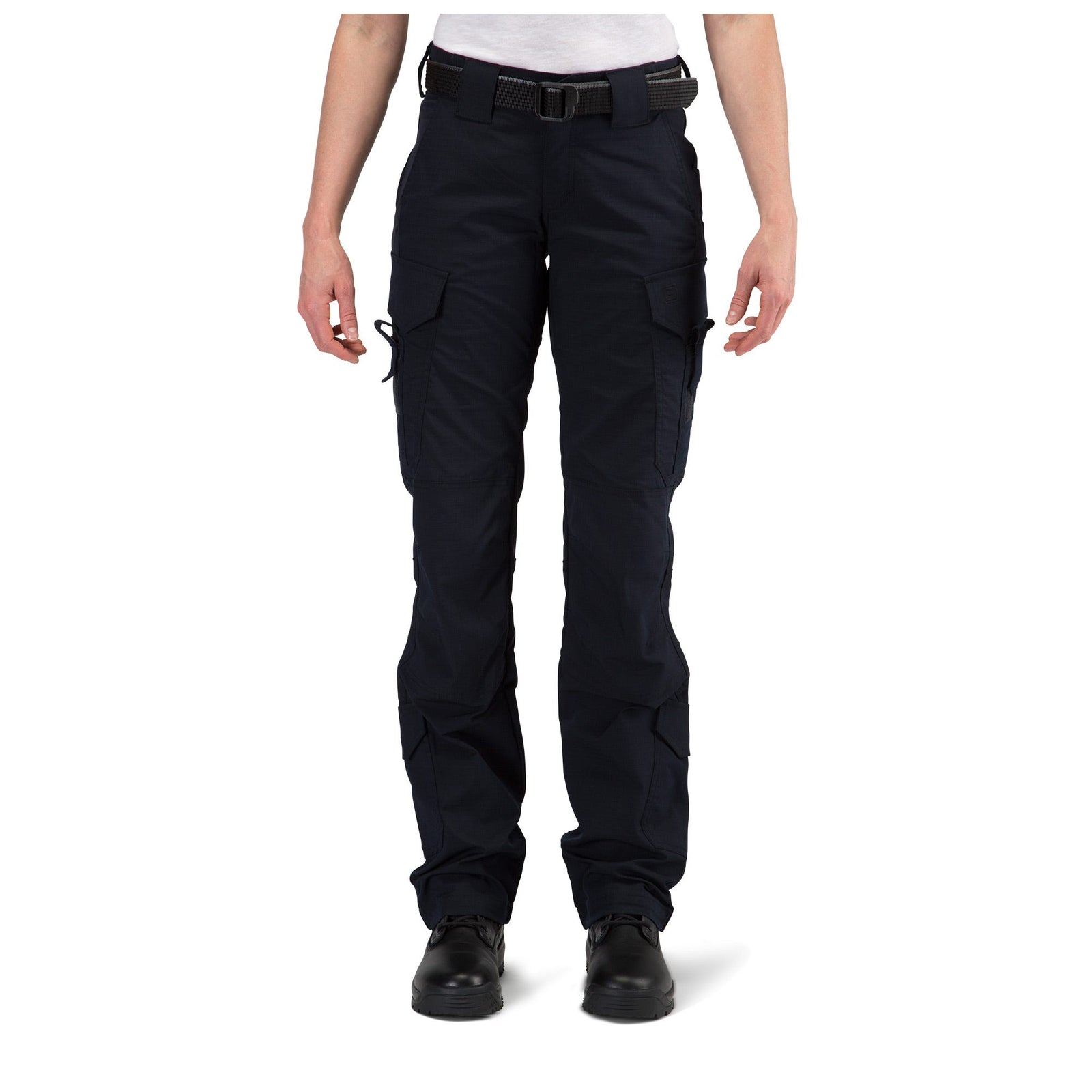 Black tactical pants worn by a person on a white background