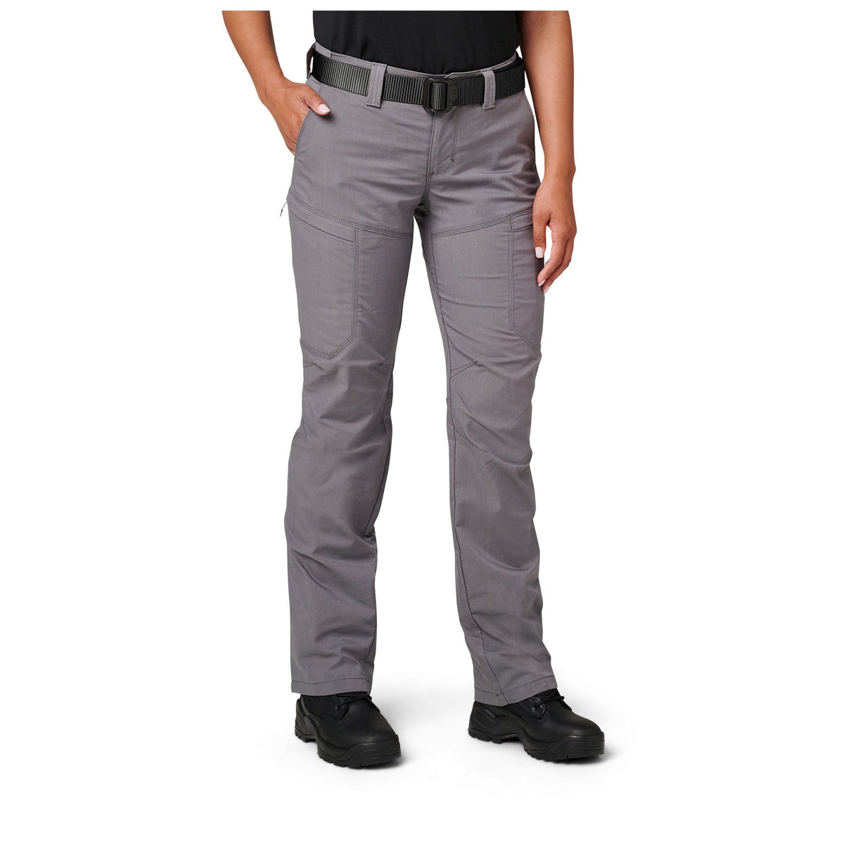 Gray pants worn by a person on a white background
