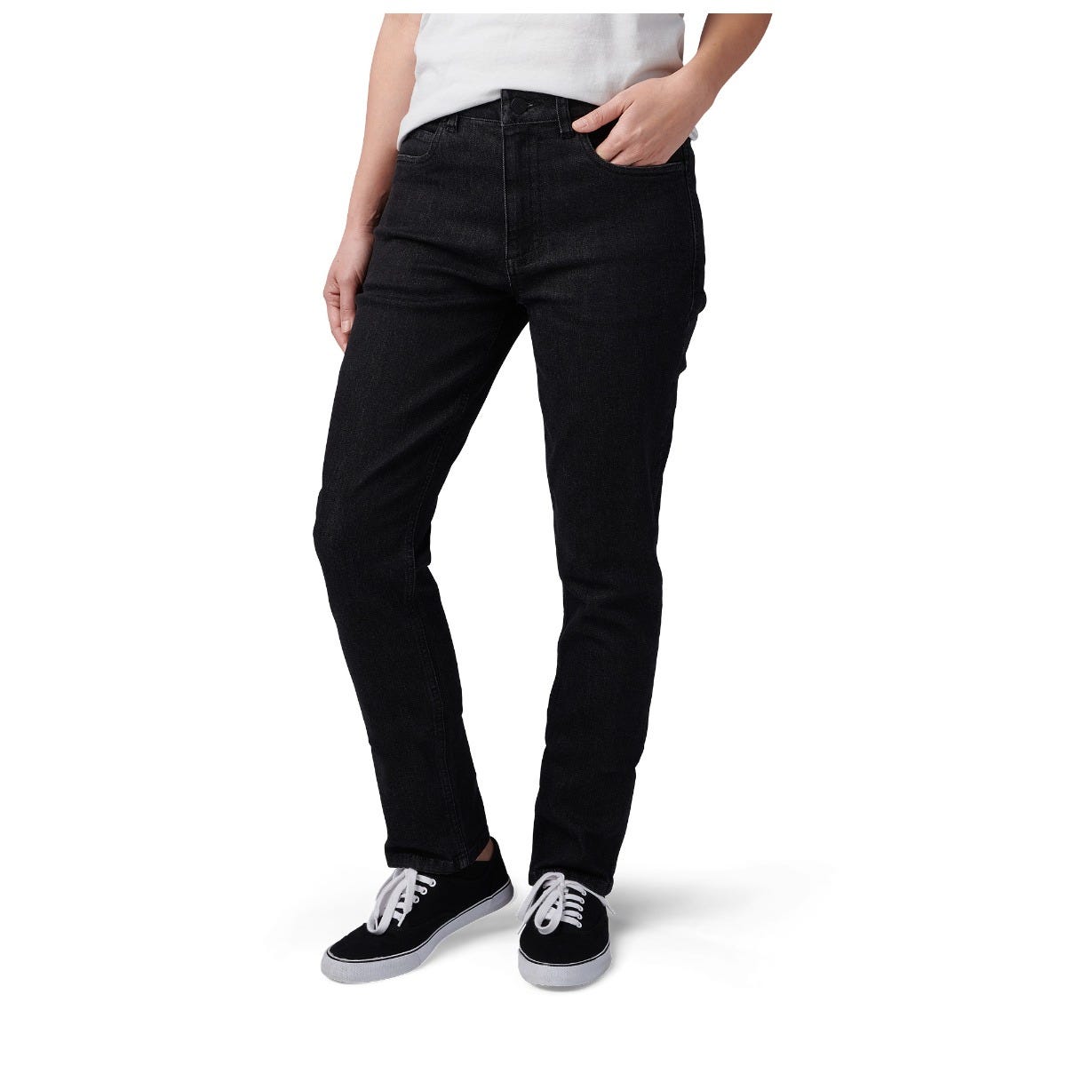 Person wearing black jeans and black sneakers on a white background