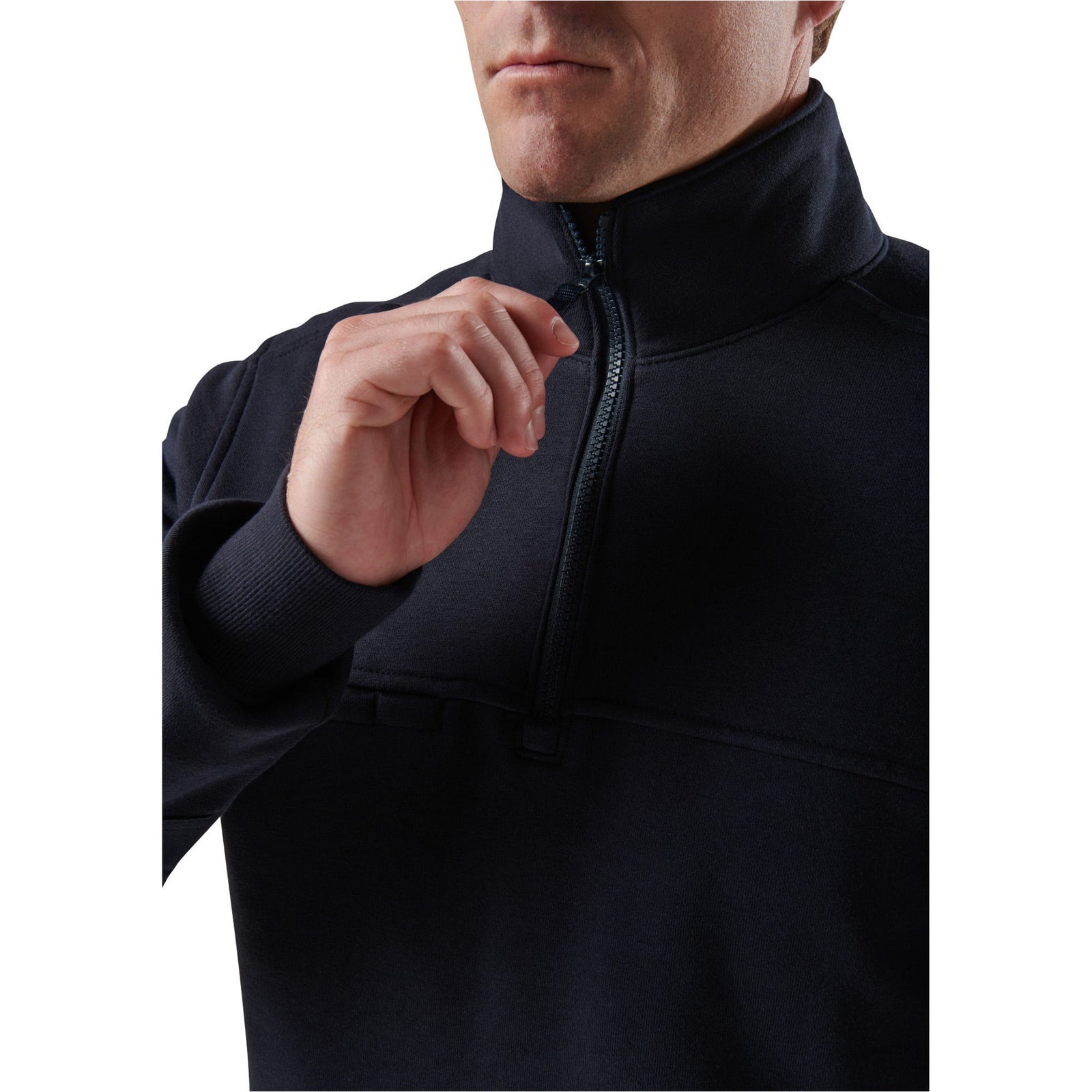 Person wearing a black jacket with a zipper, on a white background