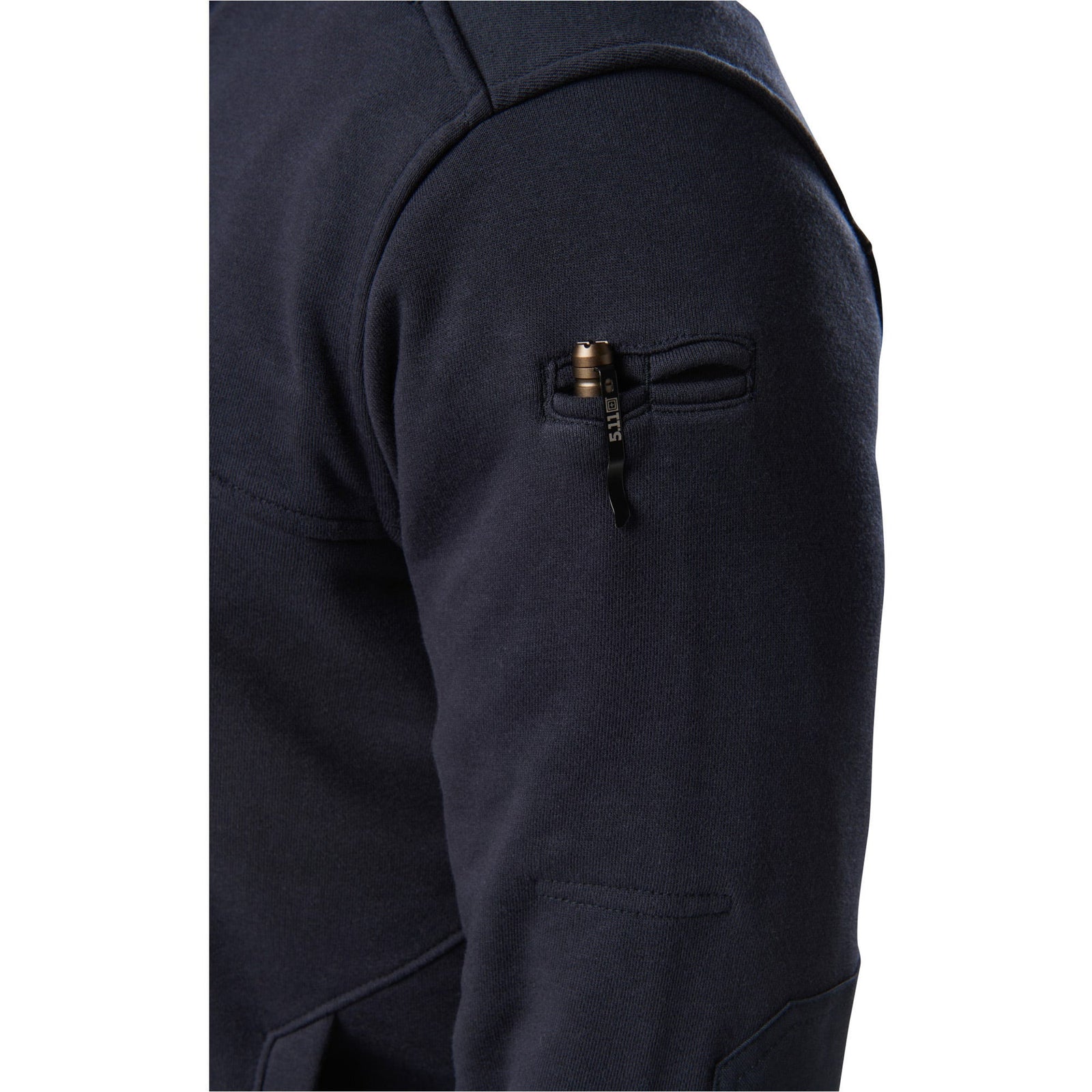 Navy blue jacket with a pocket on a white background