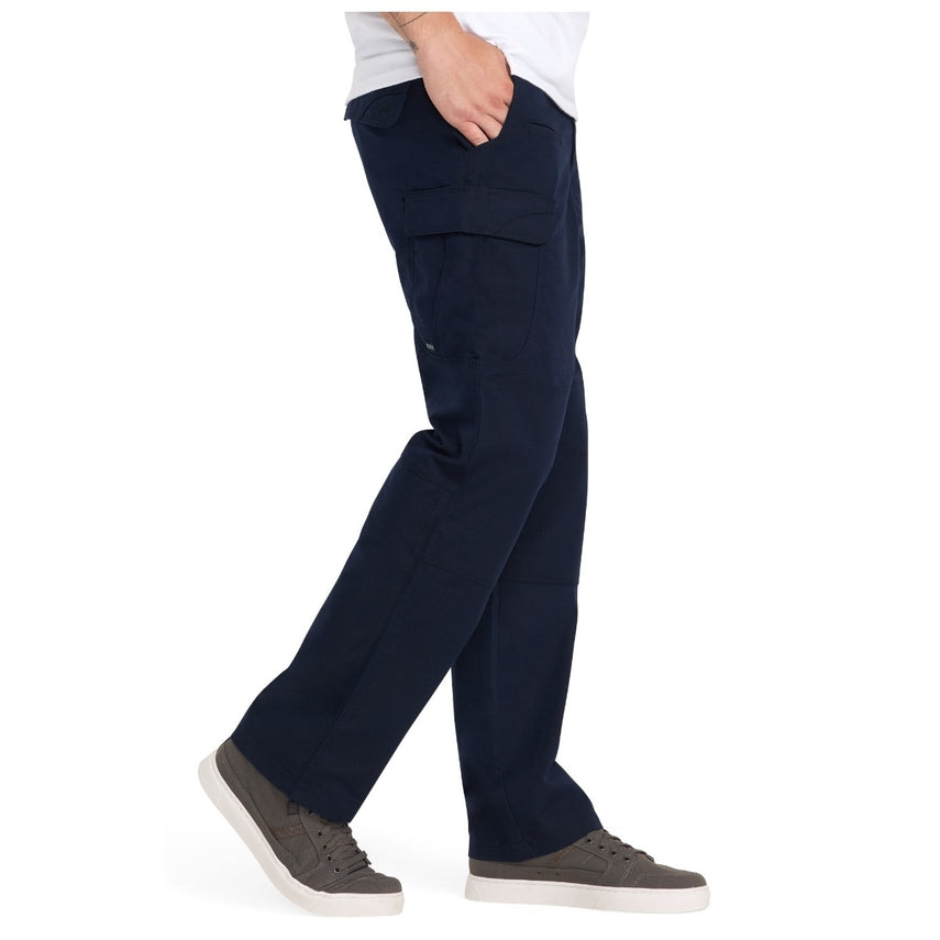 Navy cargo pants worn by a person on a white background
