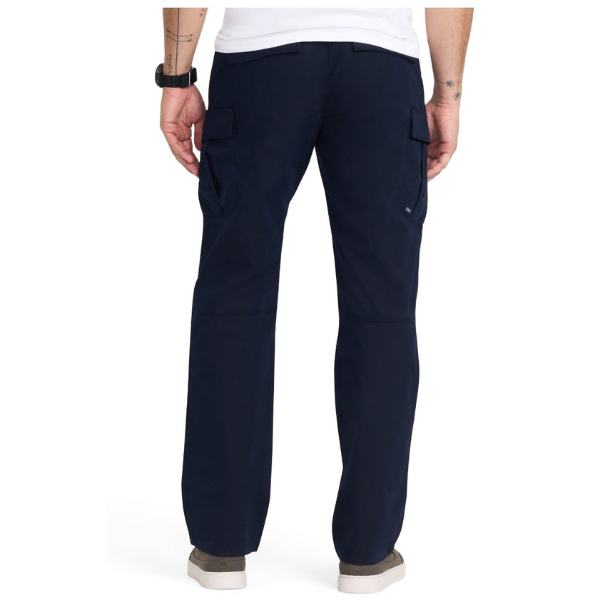 Navy blue pants worn by a person on a white background