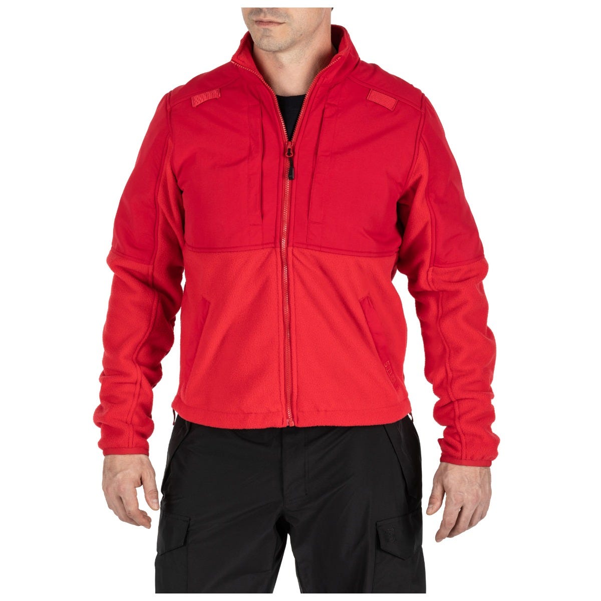 Red jacket worn by a person on a white background