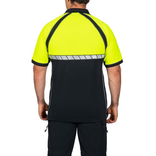 Person wearing a high-visibility yellow and black shirt on a white background