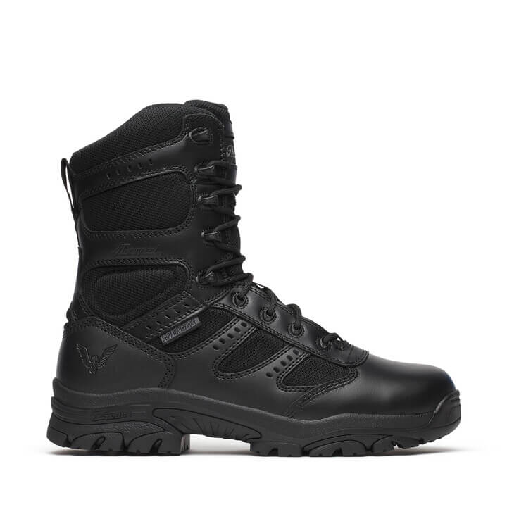 Pair of black tactical boots on a white background
