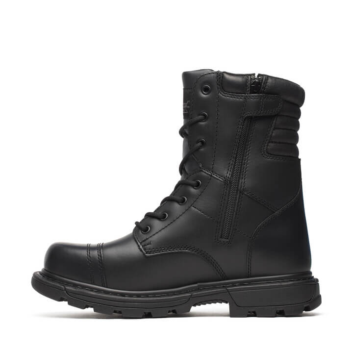 Black tactical boot on a white background