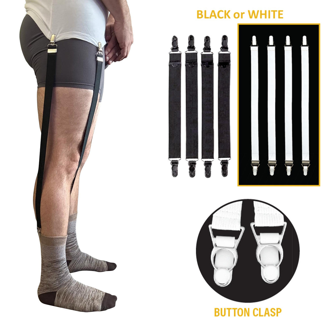 Shirt Holders Adjustable w/ Button Clasp Single Strap - Black or White