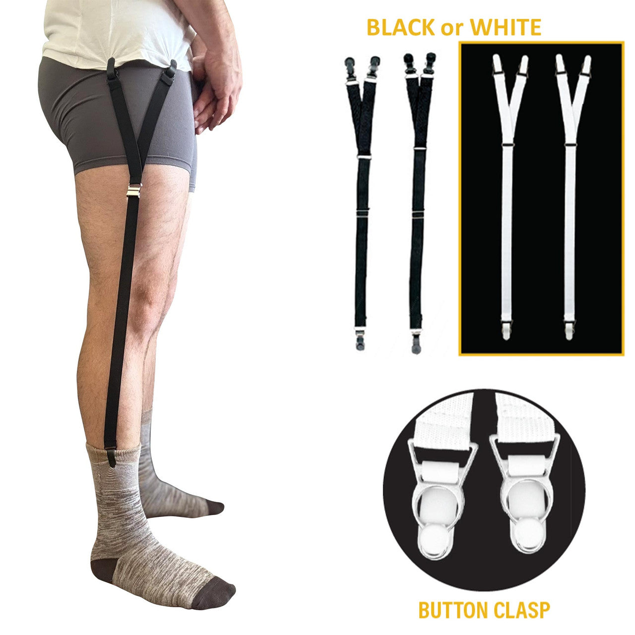 Shirt Holders Adjustable w/ Button Clasp Y-Style Strap - Black or White