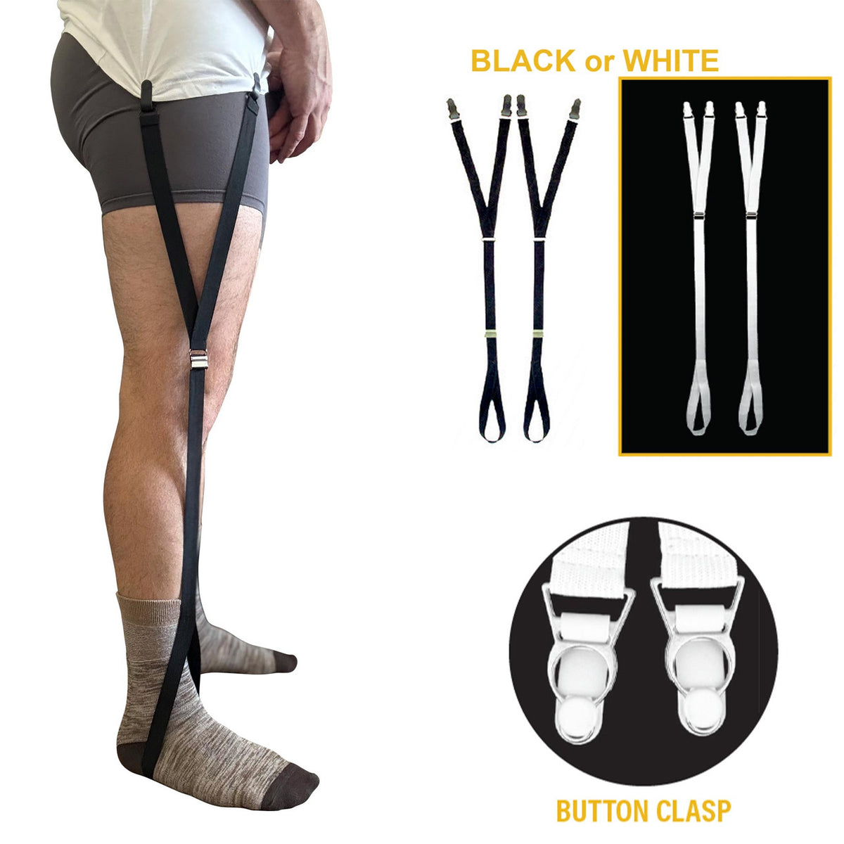 Shirt Holders Adjustable w/ Button Clasp and Foot Loop Y-Style Strap - Black or White