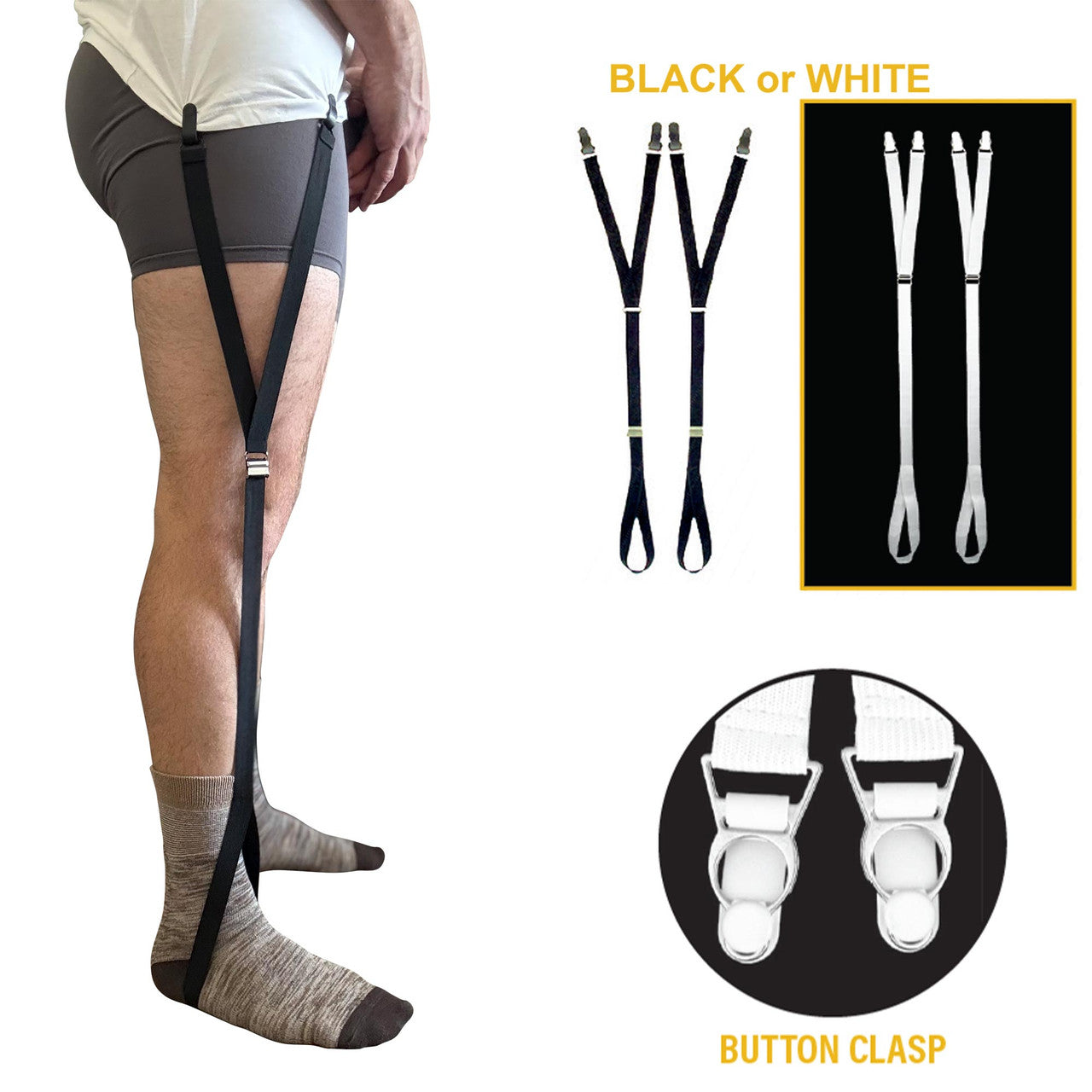 Shirt Holders Adjustable w/ Button Clasp and Foot Loop Y-Style Strap - Black or White