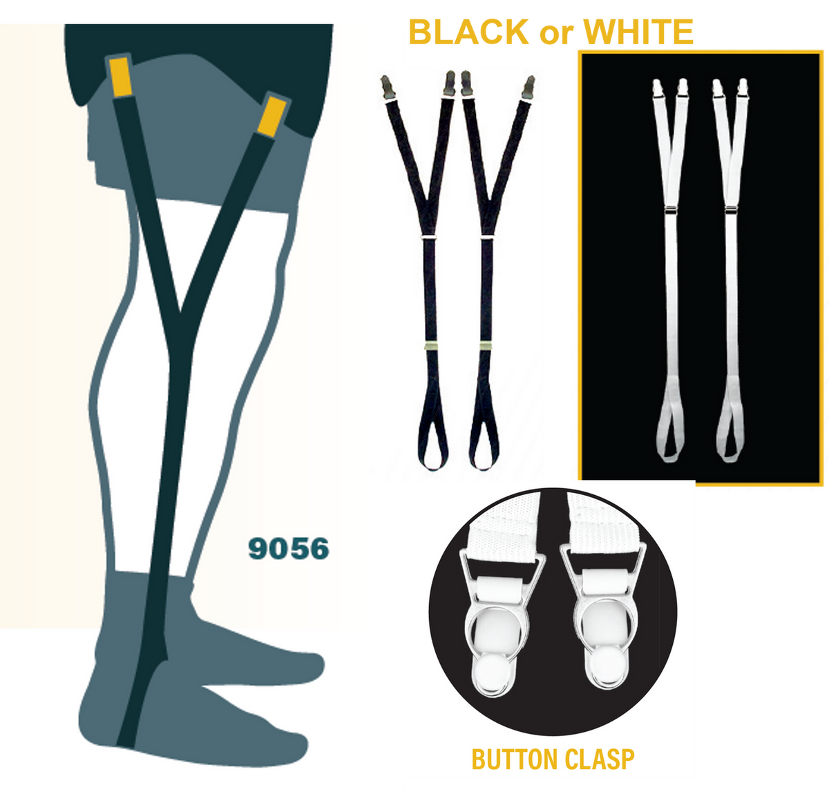 Shirt Holders Adjustable w/ Button Clasp and Foot Loop Y-Style Strap - Black or White