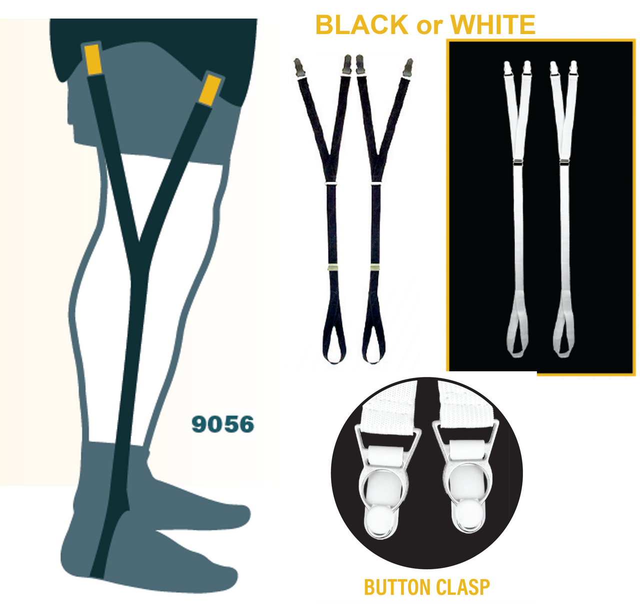 Shirt Holders Adjustable w/ Button Clasp and Foot Loop Y-Style Strap - Black or White