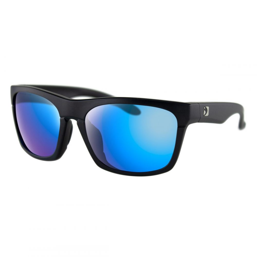 Black sunglasses with blue reflective lenses on a white background