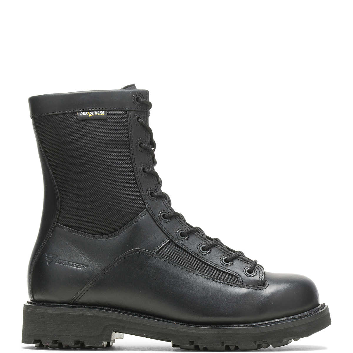 Black boot with laces on a white background