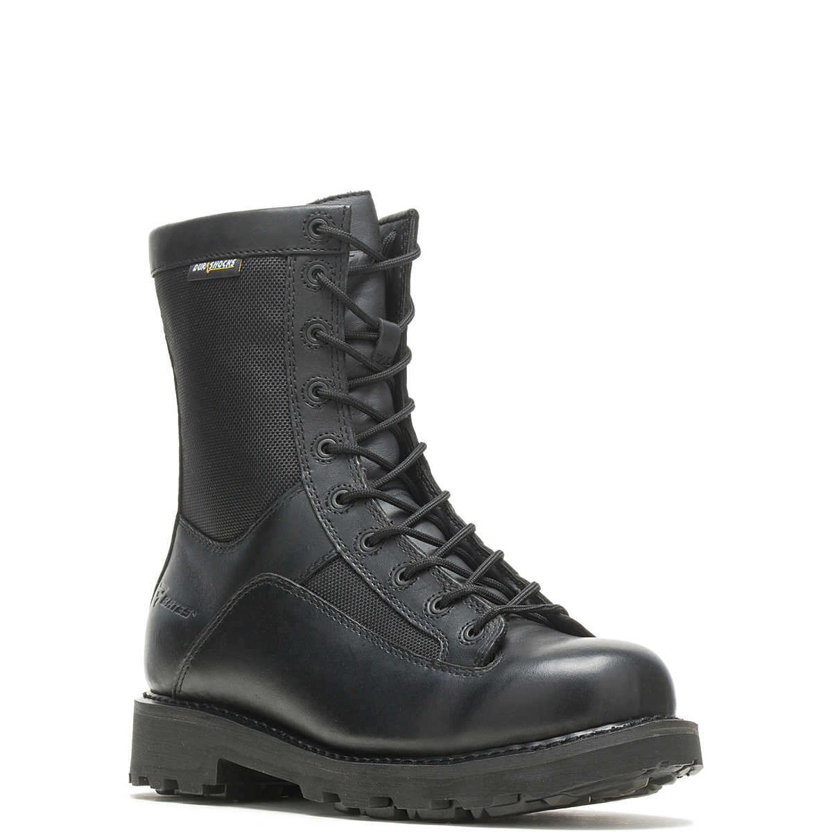 Black boot with laces on a white background