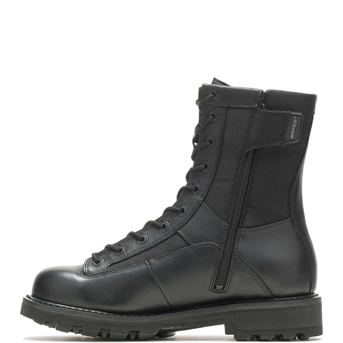 Black leather boot with lace-up design on a white background