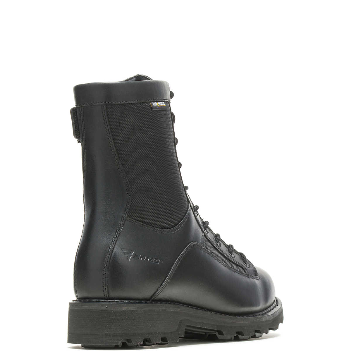 Black boot with brand logo on a white background