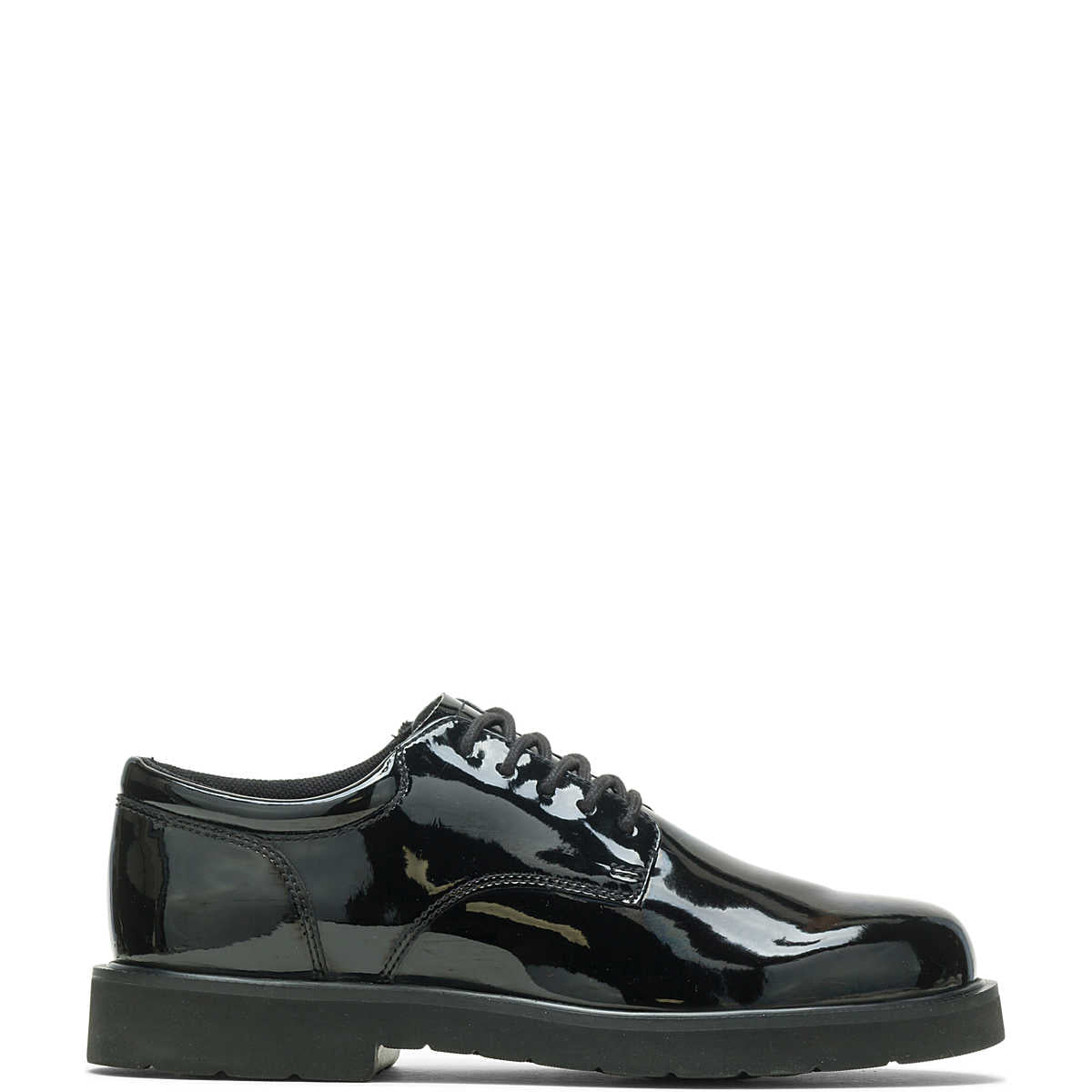 Black patent leather dress shoe on a white background