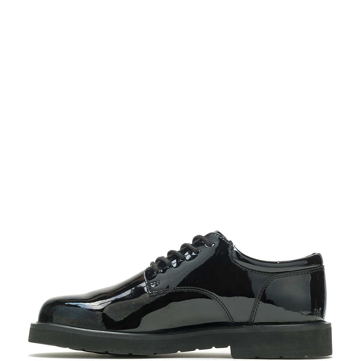 Black patent leather shoe on a white background