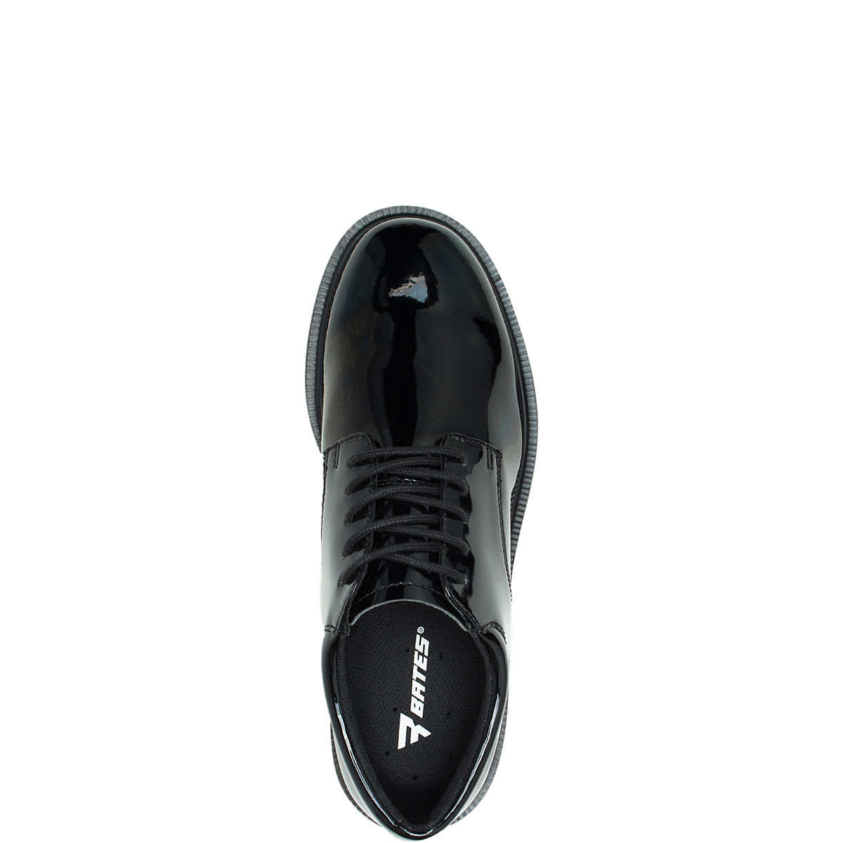 Black patent leather shoe with 'Bates' logo on a white background