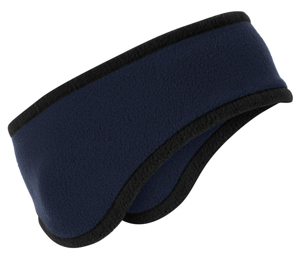 Navy blue ear warmer with black interior on a white background