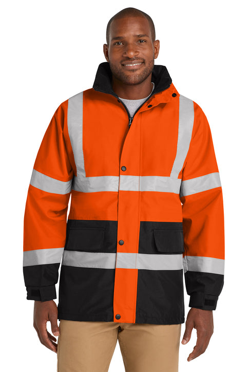 Man wearing an orange and black high-visibility jacket on a white background