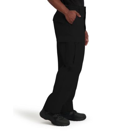 Black cargo pants worn by a person on a white background