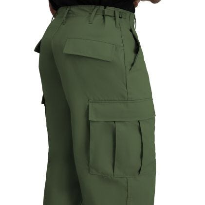 Green cargo pants with multiple pockets on a white background