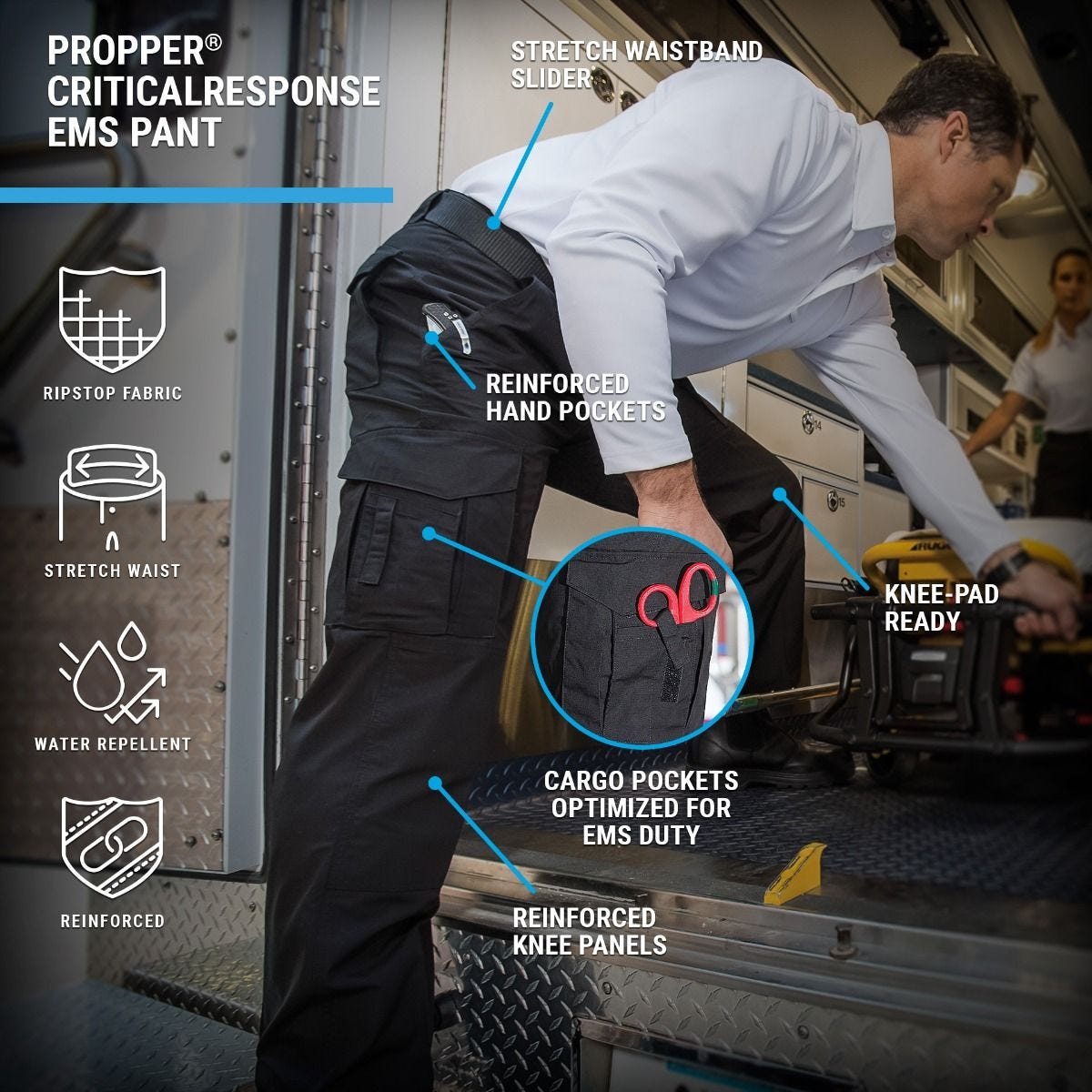 Person wearing Propper Critical Response EMS pants with feature highlights on a truck interior background.