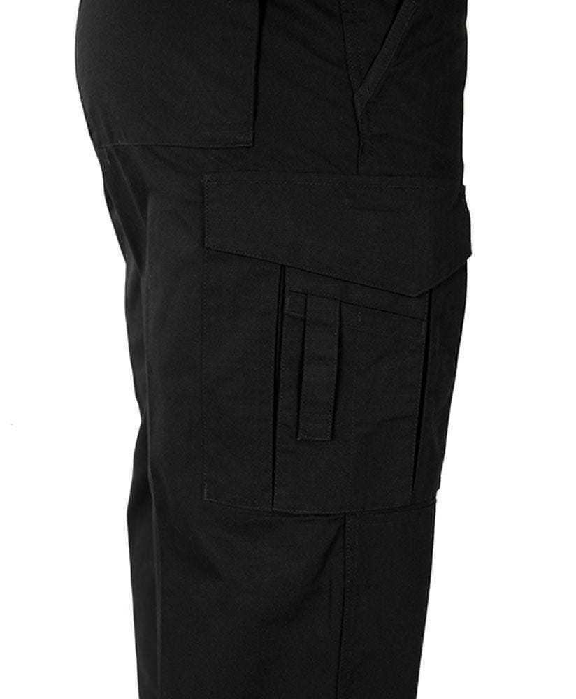 Black cargo pants with multiple pockets on a white background