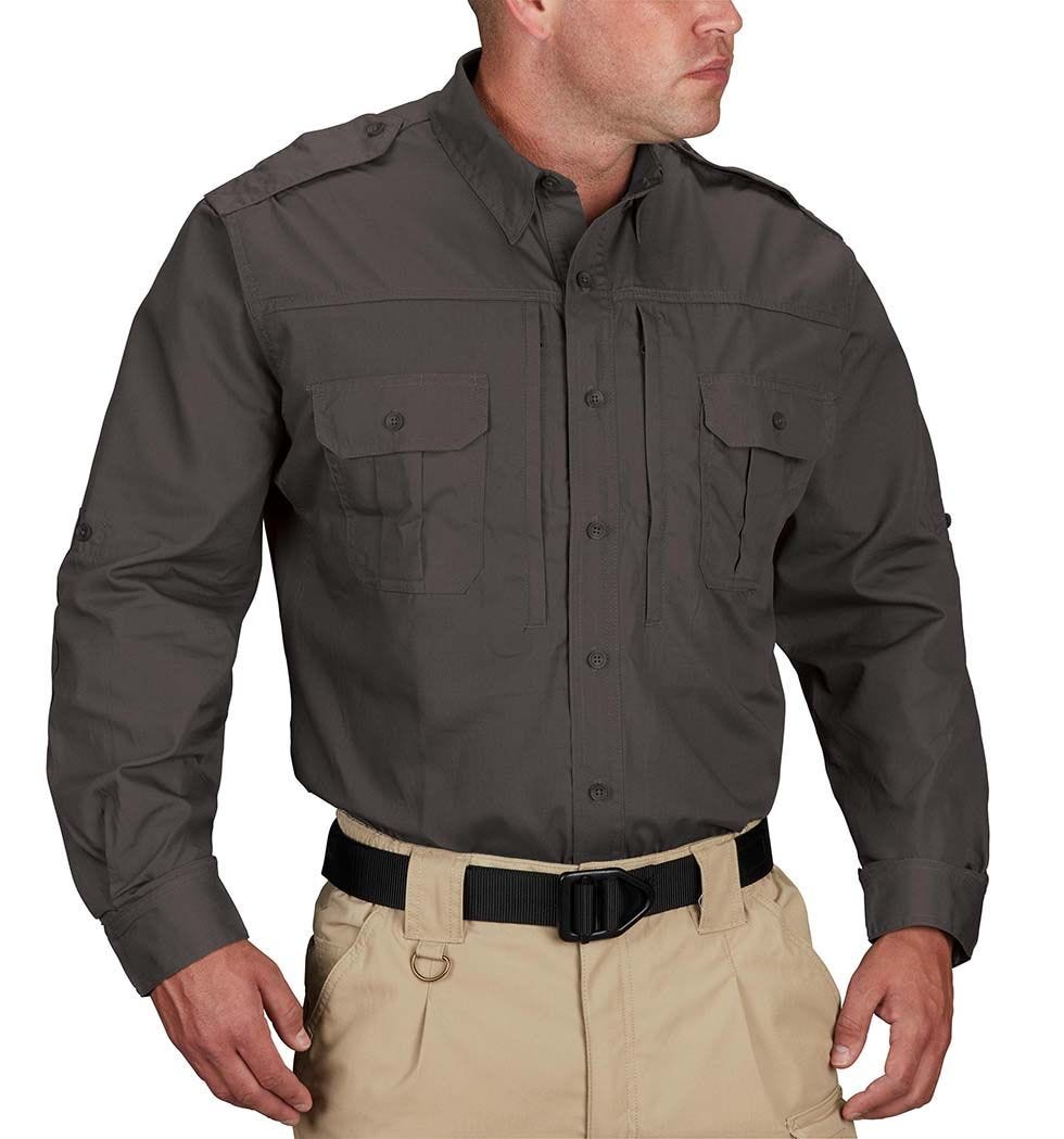 Man wearing a dark gray shirt with button details on a white background