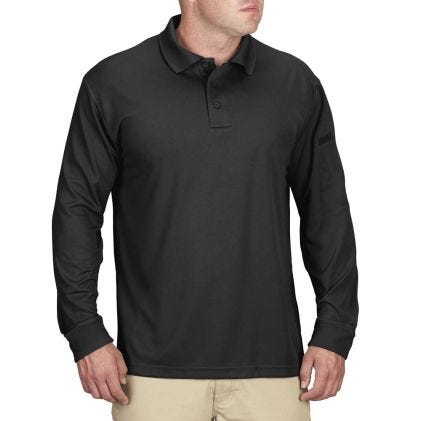 Black long-sleeve polo shirt worn by a person on a white background