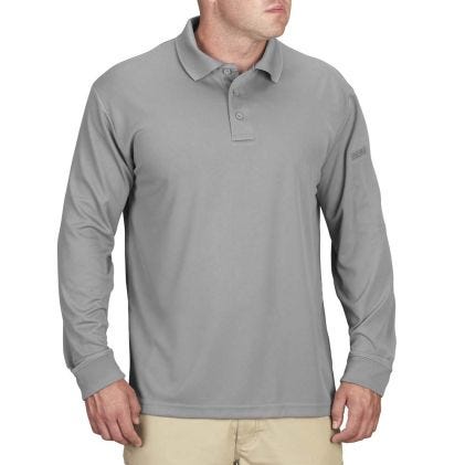Man wearing a gray long-sleeve polo shirt on a white background