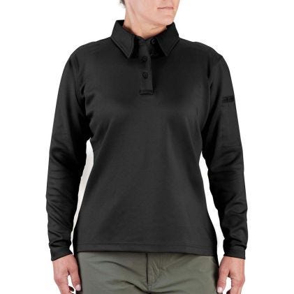Person wearing a black long-sleeve shirt with a collar on a white background